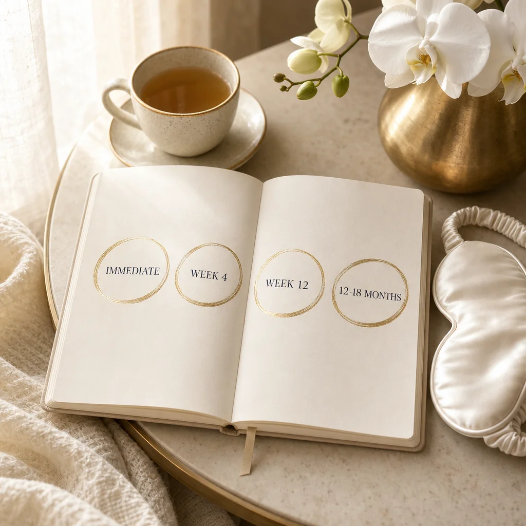 A leather-bound planner open on a cream desk with Immediate, 2 Weeks, 6 Months, and 12-18 Months circled in gold ink, beside herbal tea and a white orchid