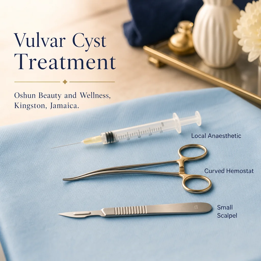 Reference materials and a Vulvar Cyst Treatment care plan in a leather portfolio at the Oshun clinic in Kingston, Jamaica
