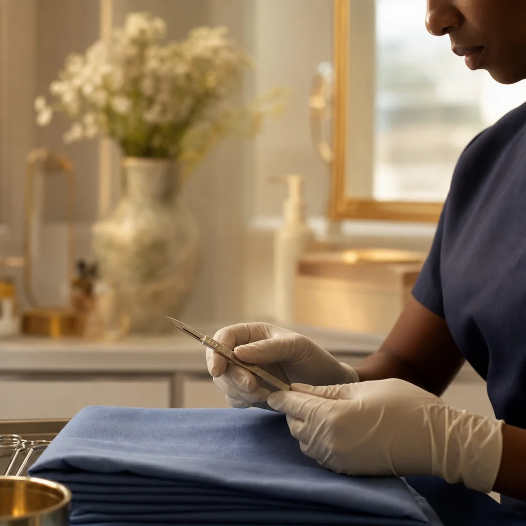 Physician's gloved hands during a Vulvar Cyst Treatment appointment at the Oshun clinic in Kingston, Jamaica
