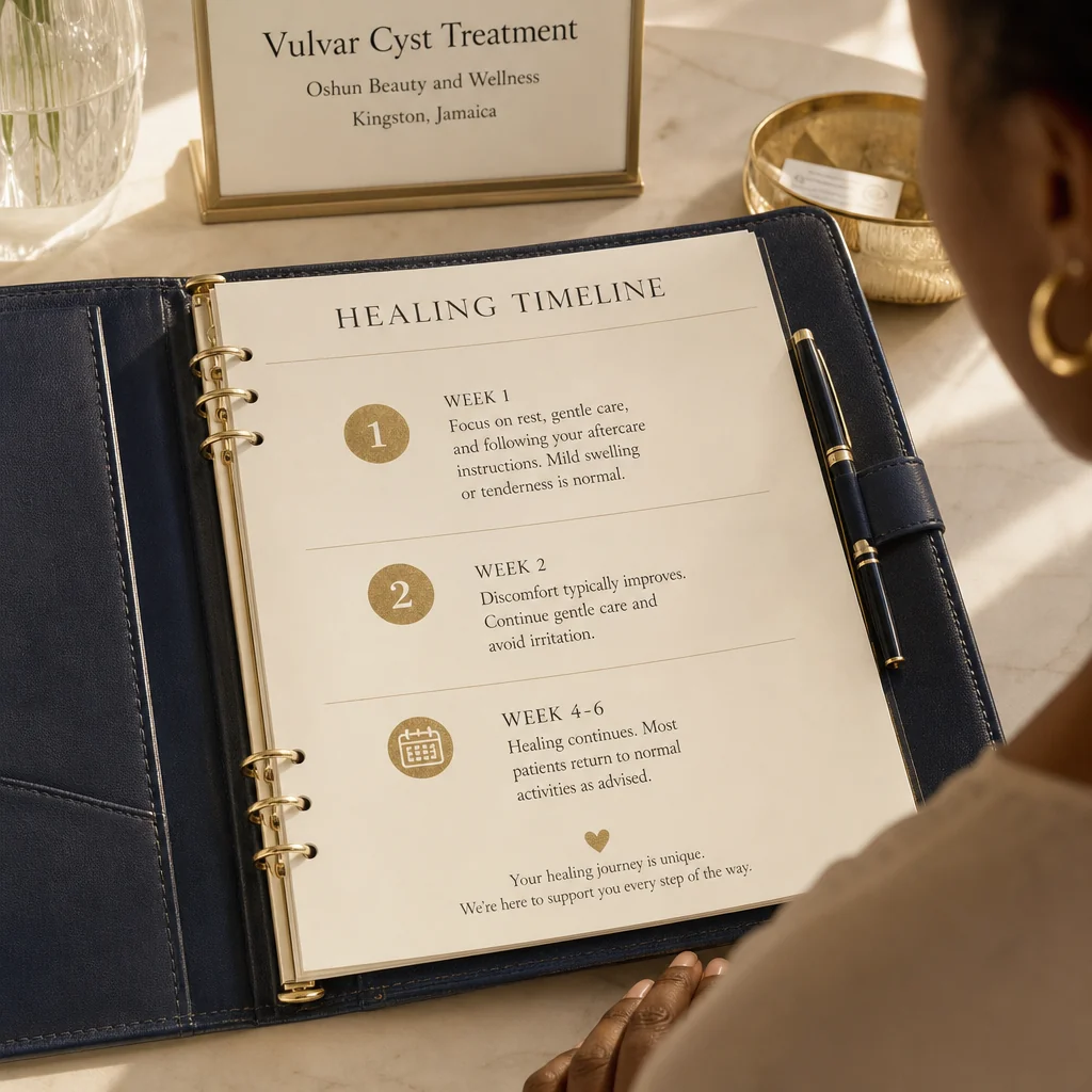 A leather-bound planner tracking the Vulvar Cyst Treatment recovery and follow-up schedule at Oshun in Kingston, Jamaica