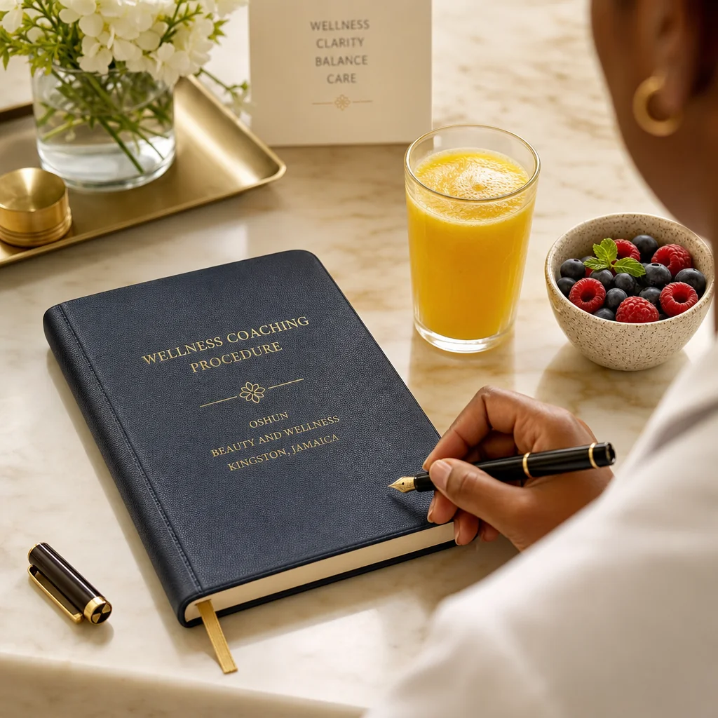 Reference materials and a Wellness Coaching care plan in a leather portfolio at the Oshun clinic in Kingston, Jamaica