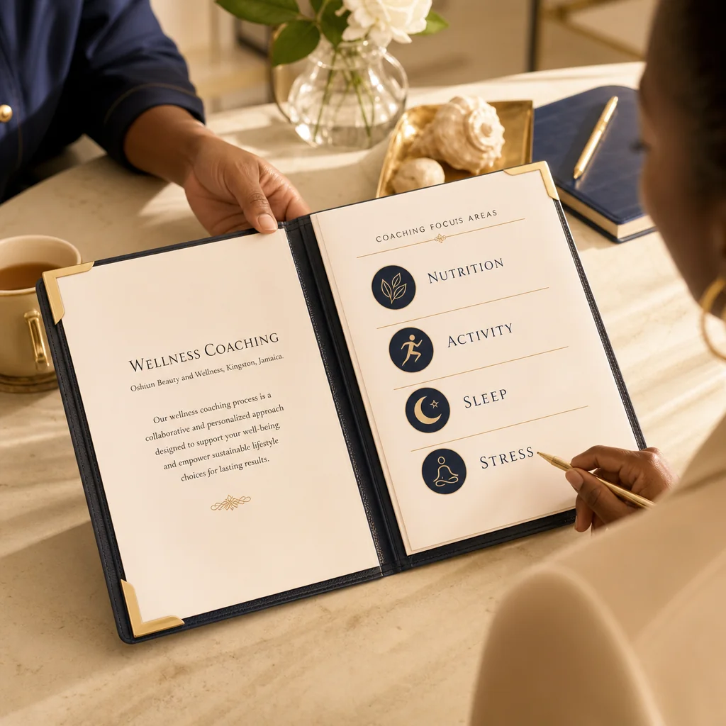 A Wellness Coaching treatment plan written by hand on a leather portfolio at the Oshun clinic in Kingston, Jamaica