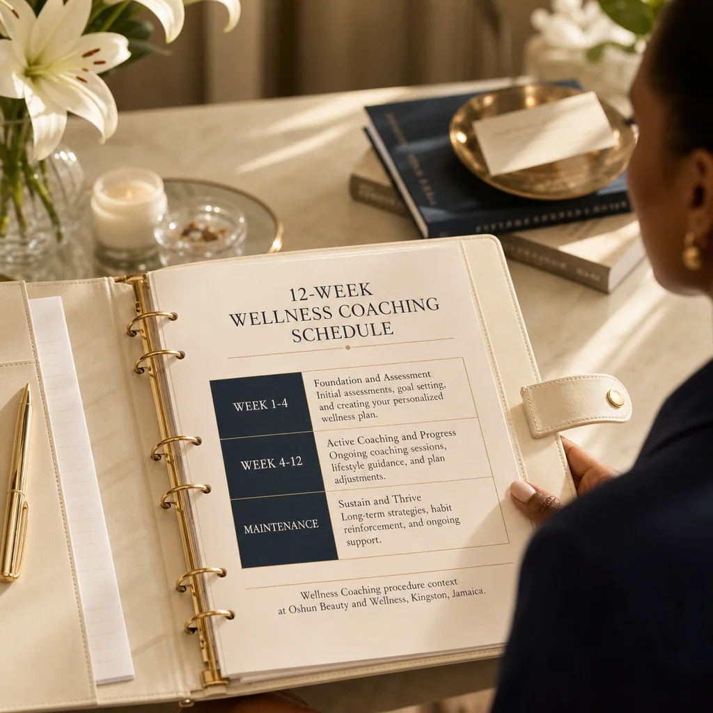 A leather-bound planner tracking the Wellness Coaching recovery and follow-up schedule at Oshun in Kingston, Jamaica